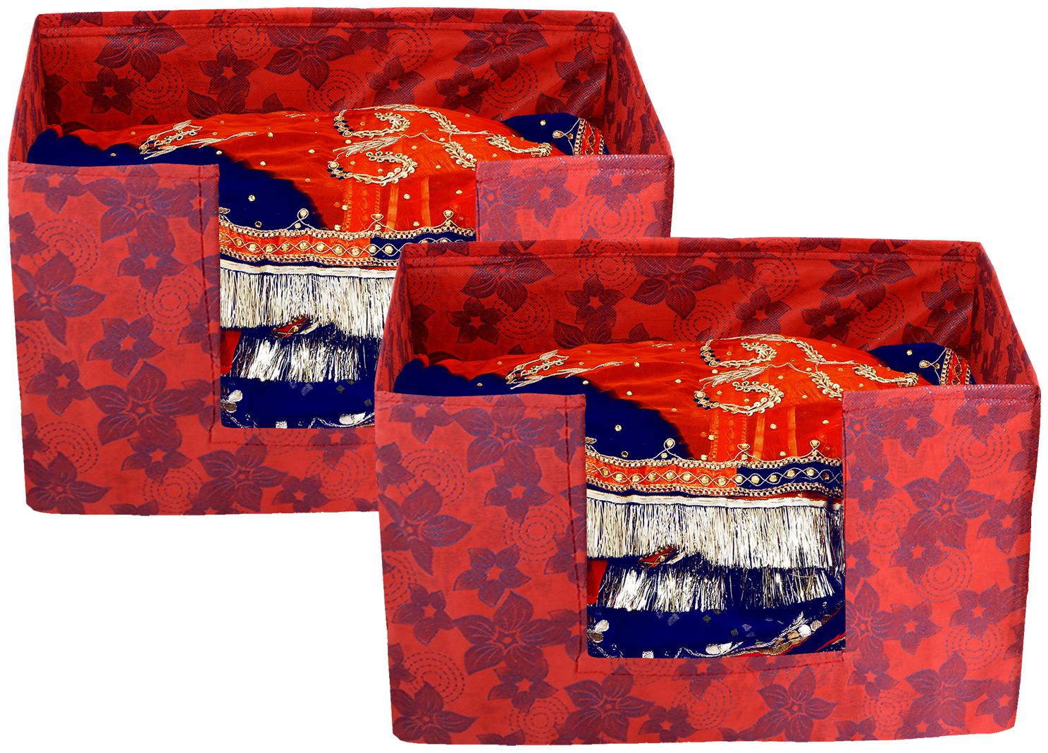 

Kuber Industries Metalic Flower 2 pcs Large Capacity Space Saver Closet Stackable and Foldable Saree Clothes Storage Bag Non-Woven Rectangle Cloth Saree Stacker Wardrobe Organizer (Red) CTHH15688