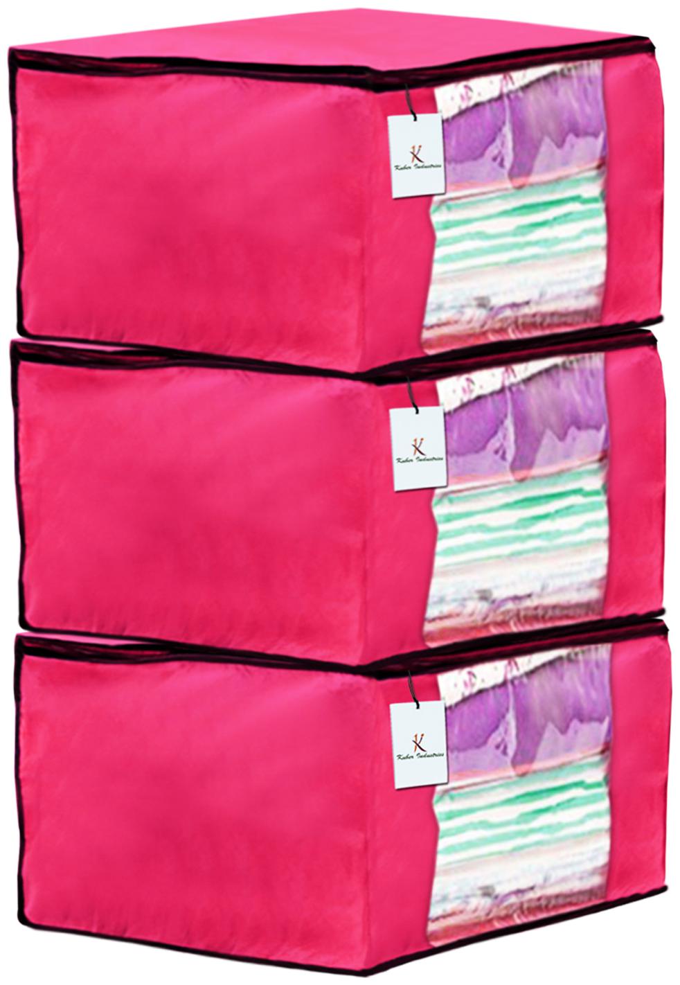 

Kuber Industries 3 Piece Non Woven Fabric Saree Cover Set with Transparent Window Extra Large Pink CTHH14107