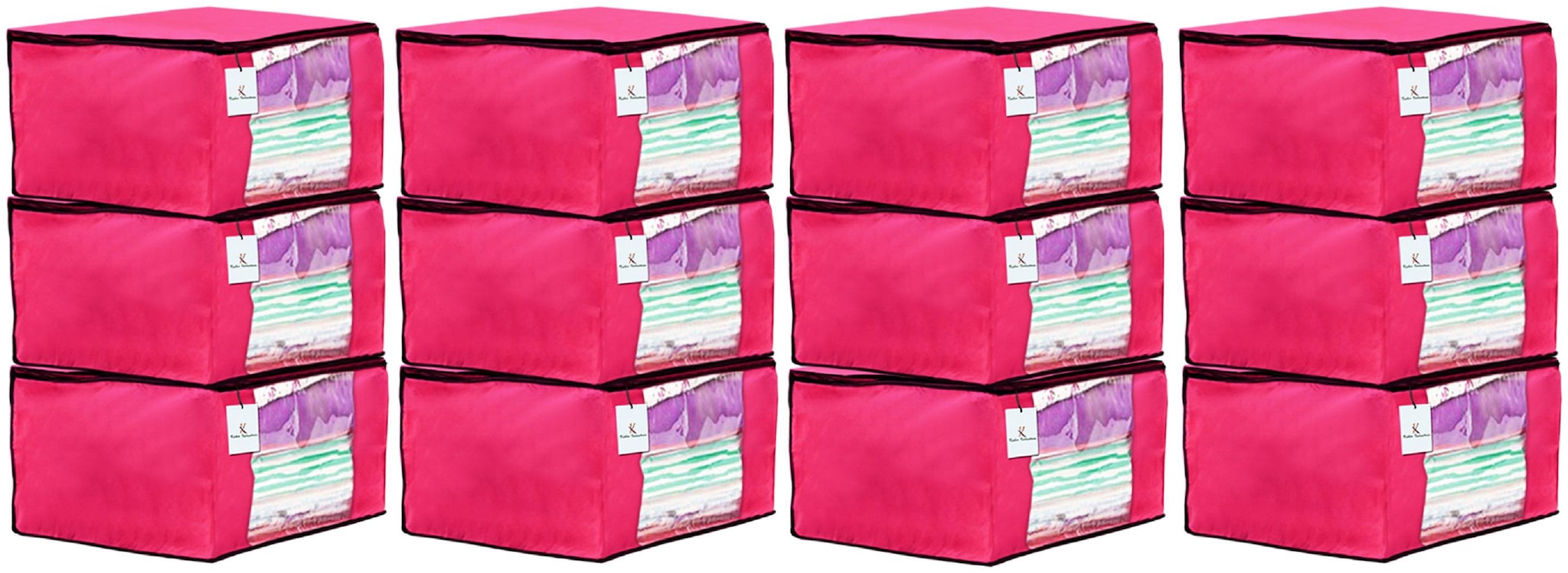 

Kuber Industries 12 Piece Non Woven Fabric Saree Cover Set with Transparent Window Extra Large Pink CTHH14113