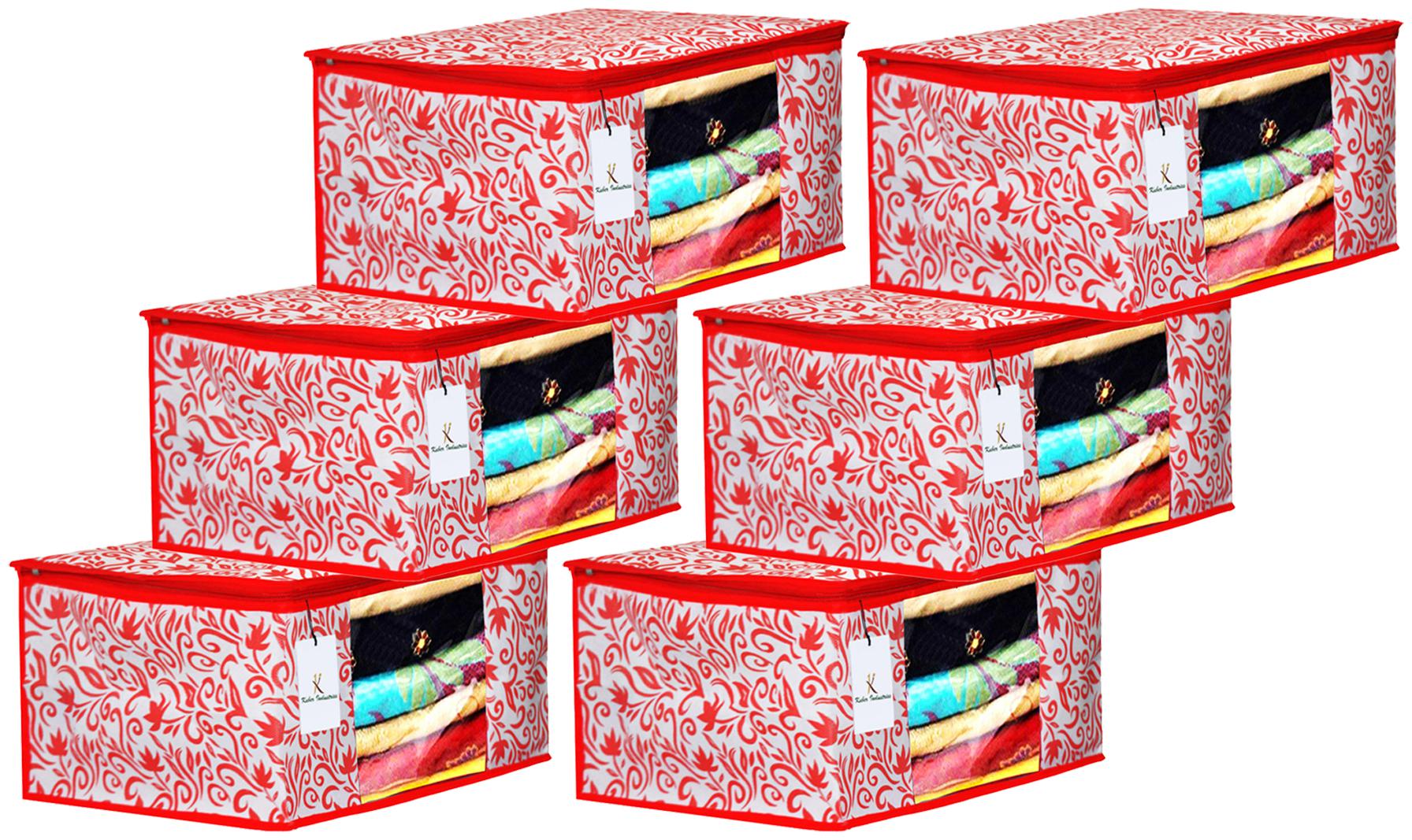 

Kuber Industries Leaf Design 6 pc Non Woven Fabric Saree Cover Set with Transparent Window Extra Large Red- CTHH16148
