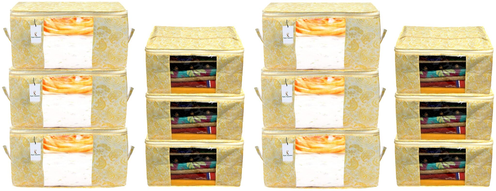 

Kuber Industries Metallic Printed Non Woven 6 pcs Saree Cover And 6 pcs Underbed Storage Bag Cloth Organizer For Storage Blanket Cover Combo Set (Gold) - CTHH17975