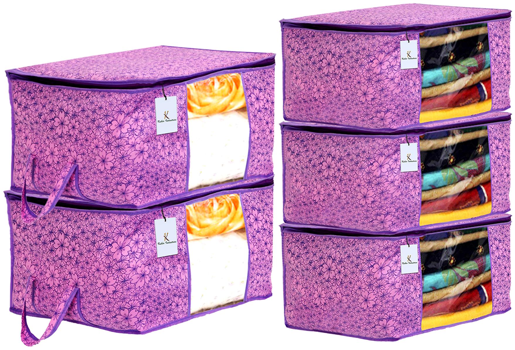 

Kuber Industries Metallic Printed Non Woven 3 pcs Saree Cover And 2 pcs Underbed Storage Bag Cloth Organizer For Storage Blanket Cover Combo Set (Pink Purple) - CTHH17955