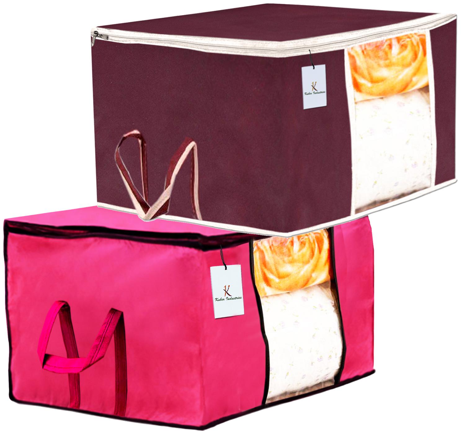 

Kuber Industries 2 pc Non Woven Underbed Storage Bag Storage Organiser Blanket Cover with Transparent Window Extra Large Maroon Pink CTHH15652
