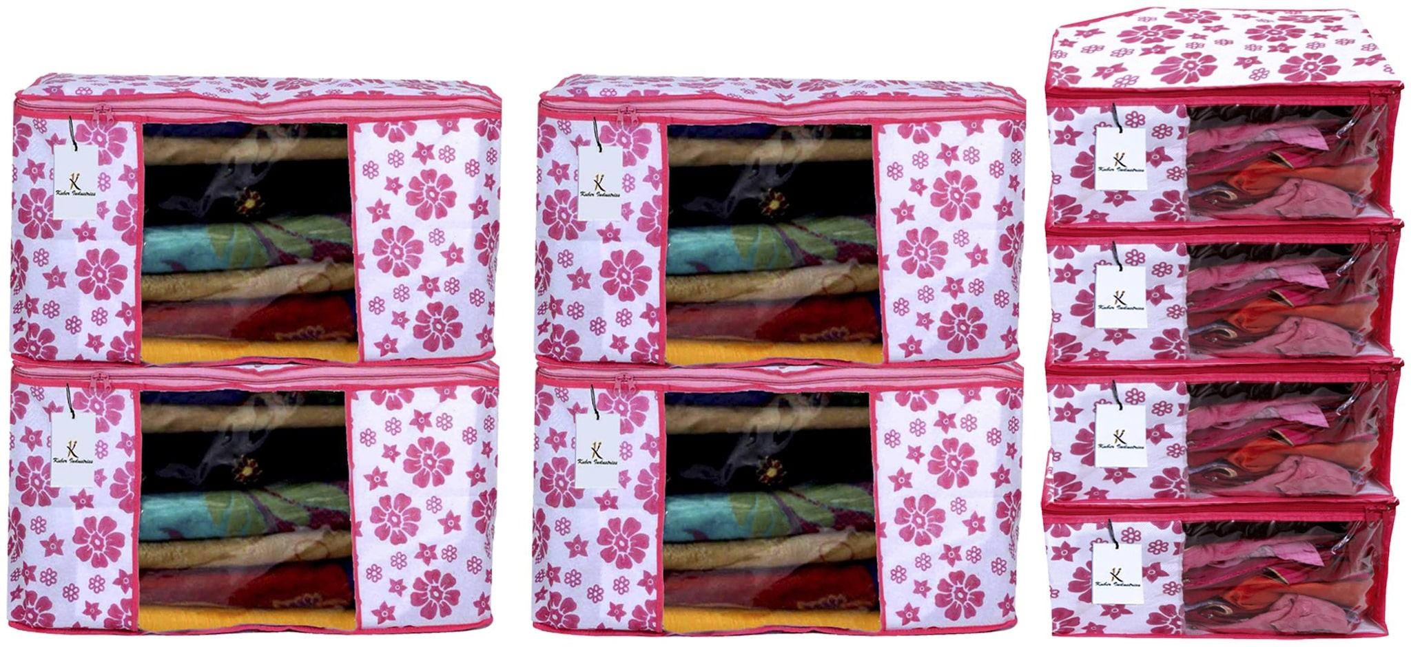 

Kuber Industries Flower Design Non Woven 4 pc Saree Cover Cloth Wardrobe Organizer And 4 pcs Blouse Cover Combo Set (Pink) - CTHH17824