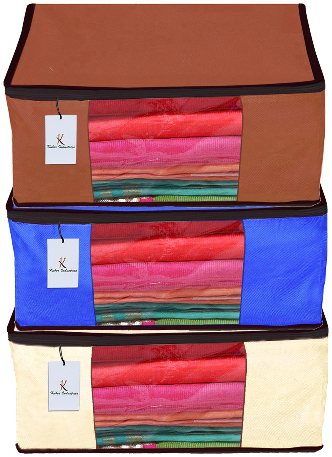 

Kuber Industries 3 Piece Non Woven Fabric Saree Cover Set with Transparent Window Extra Large Ivory Royal Blue Dark Brown CTHH14181