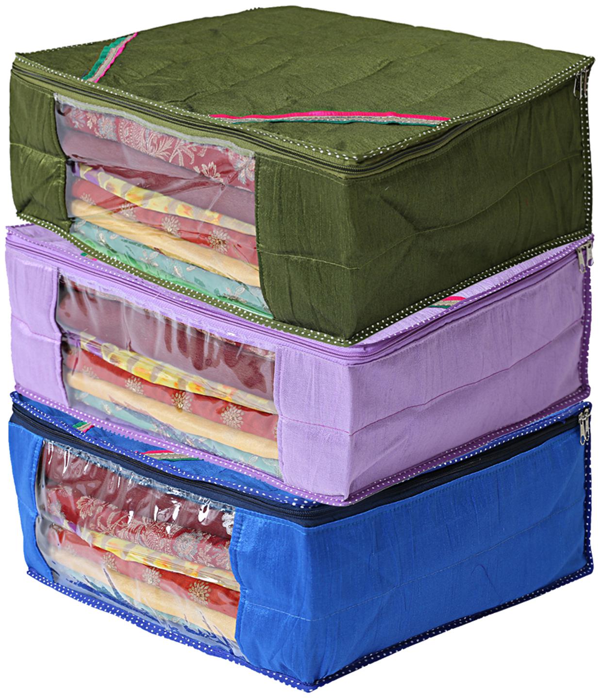 

Kuber Industries 3 pcs Raw Silk Saree Cover Wardrobe Organizer (Blue Purple Green)- CTHH19225