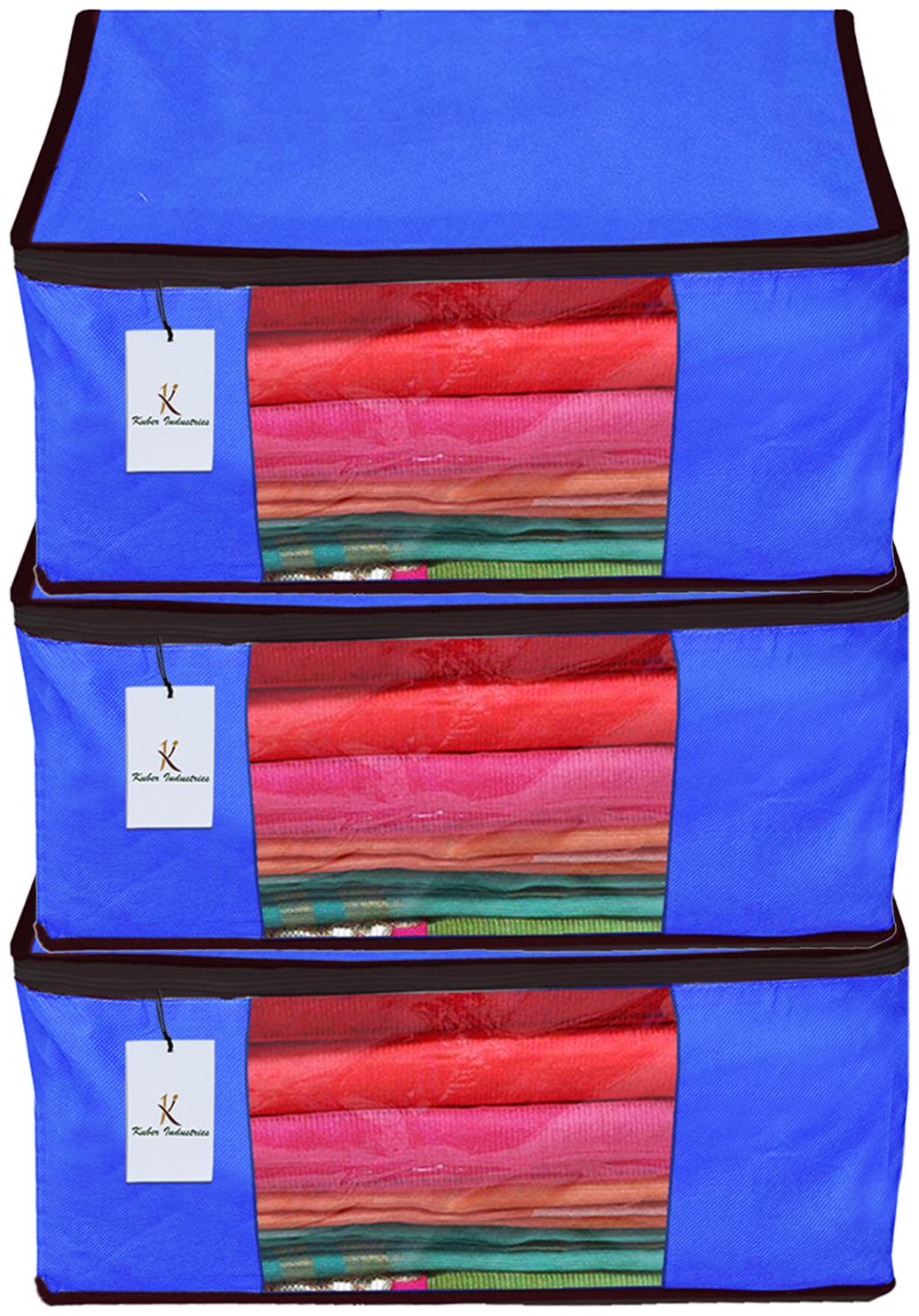 

Kuber Industries 3 Piece Non Woven Fabric Saree Cover Set with Transparent Window Extra Large Royal Blue CTHH14173