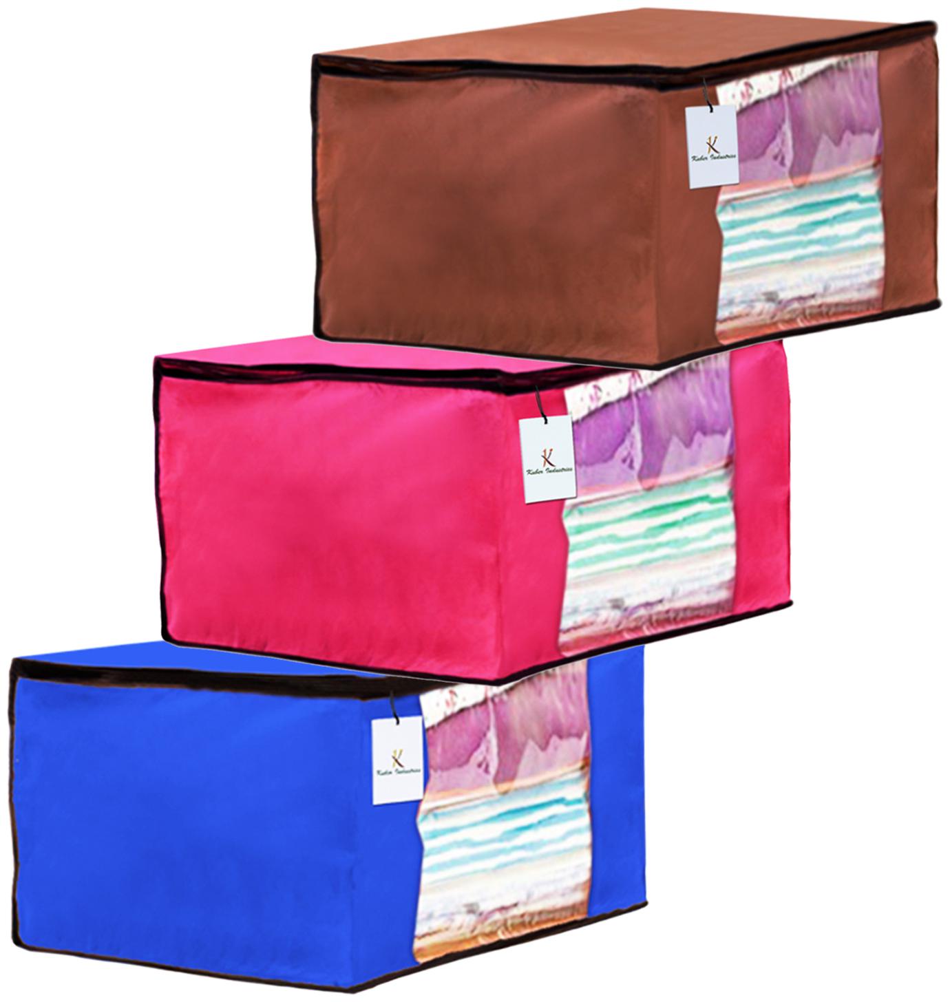 

Kuber Industries 3 Piece Non Woven Fabric Saree Cover Set with Transparent Window Extra Large Pink Royal Blue Dark Brown CTHH14090
