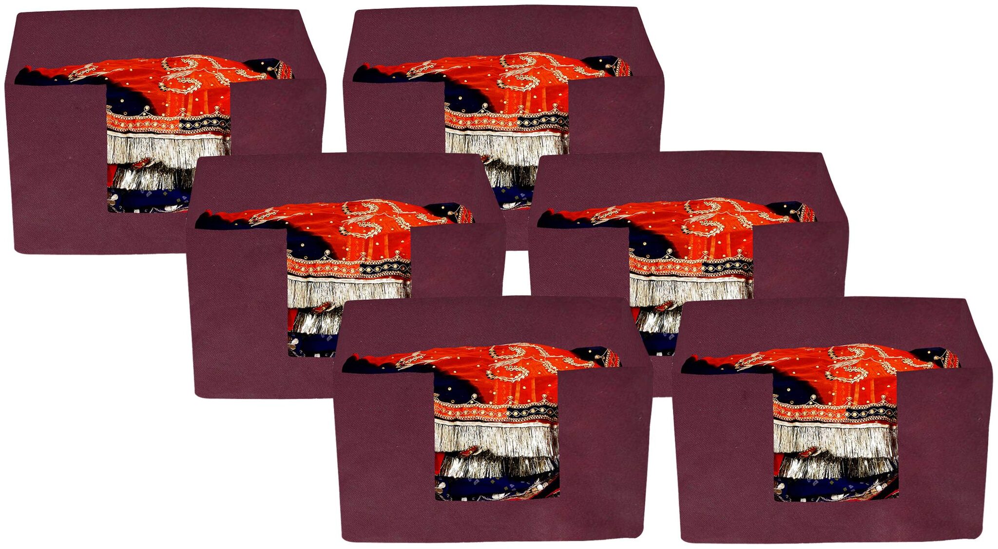 

Kuber Industries 6 pcs Large Capacity Space Saver Closet Stackable and Foldable Saree Clothes Storage Bag Non-Woven Rectangle Cloth Saree Stacker Wardrobe Organizer (Maroon) CTHH15704