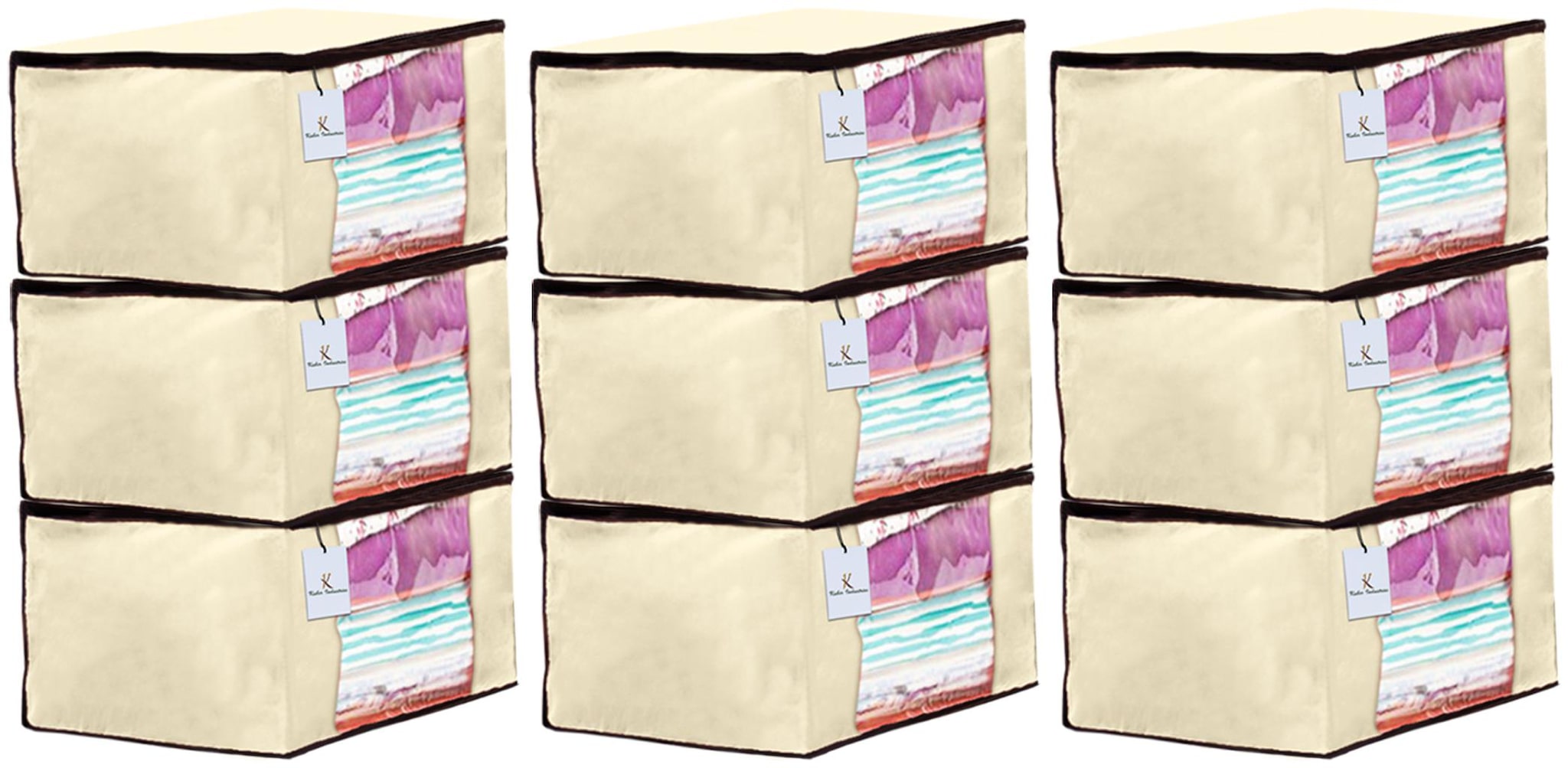 

Kuber Industries 9 Piece Non Woven Fabric Saree Cover Set with Transparent Window Extra Large Ivory CTHH14126