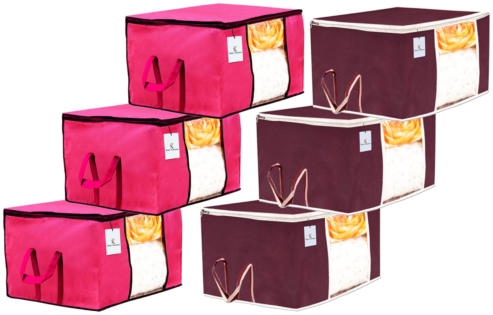 

Kuber Industries 6 pc Non Woven Underbed Storage Bag Storage Organiser Blanket Cover with Transparent Window Extra Large Maroon Pink CTHH15654