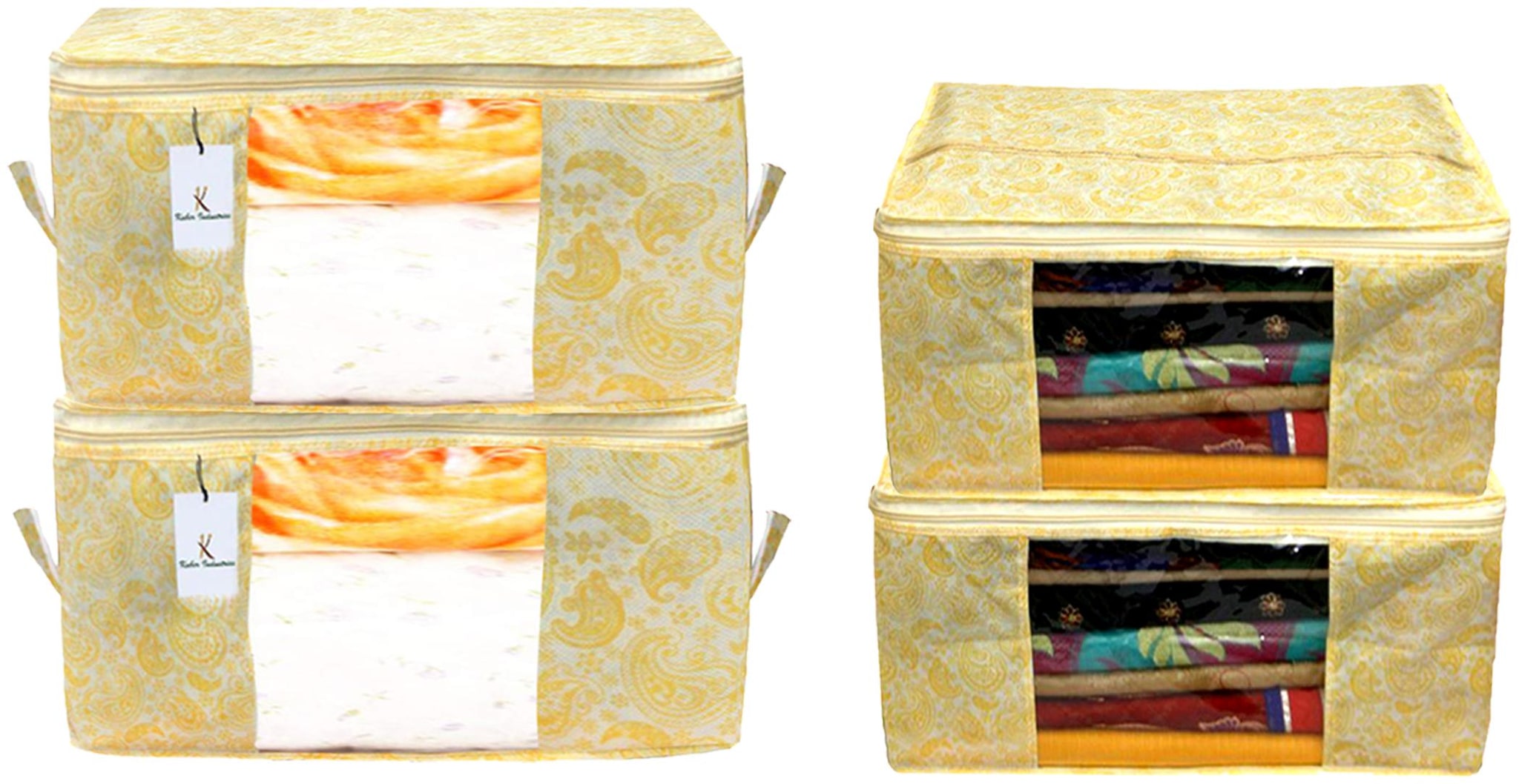 

Kuber Industries Metallic Printed Non Woven 2 pcs Saree Cover And 2 pcs Underbed Storage Bag Cloth Organizer For Storage Blanket Cover Combo Set (Gold) - CTHH17966