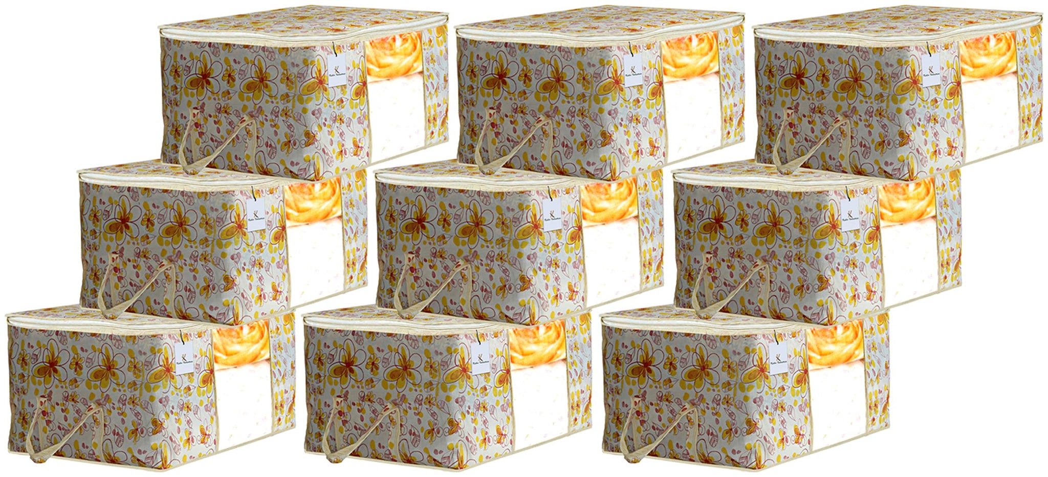 

Kuber Industries Flower Design 9 pc Non Woven Underbed Storage Bag Storage Organiser Blanket Cover with Transparent Window Extra Large Ivory Red CTHH15605
