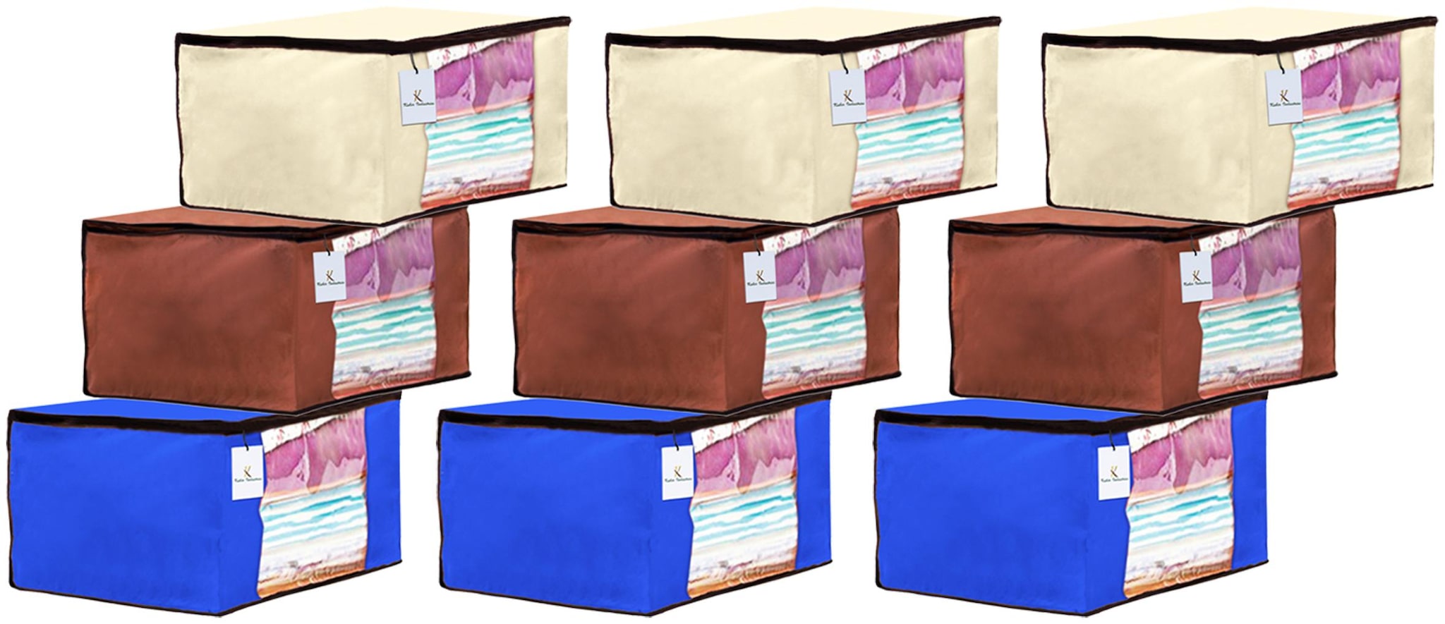 

Kuber Industries 9 Piece Non Woven Fabric Saree Cover Set with Transparent Window Extra Large Ivory Royal Blue Dark Brown CTHH14100
