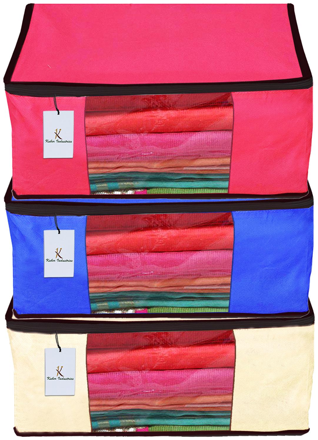 

Kuber Industries 3 Piece Non Woven Fabric Saree Cover Set with Transparent Window Extra Large Ivory Royal Blue Pink CTHH14182