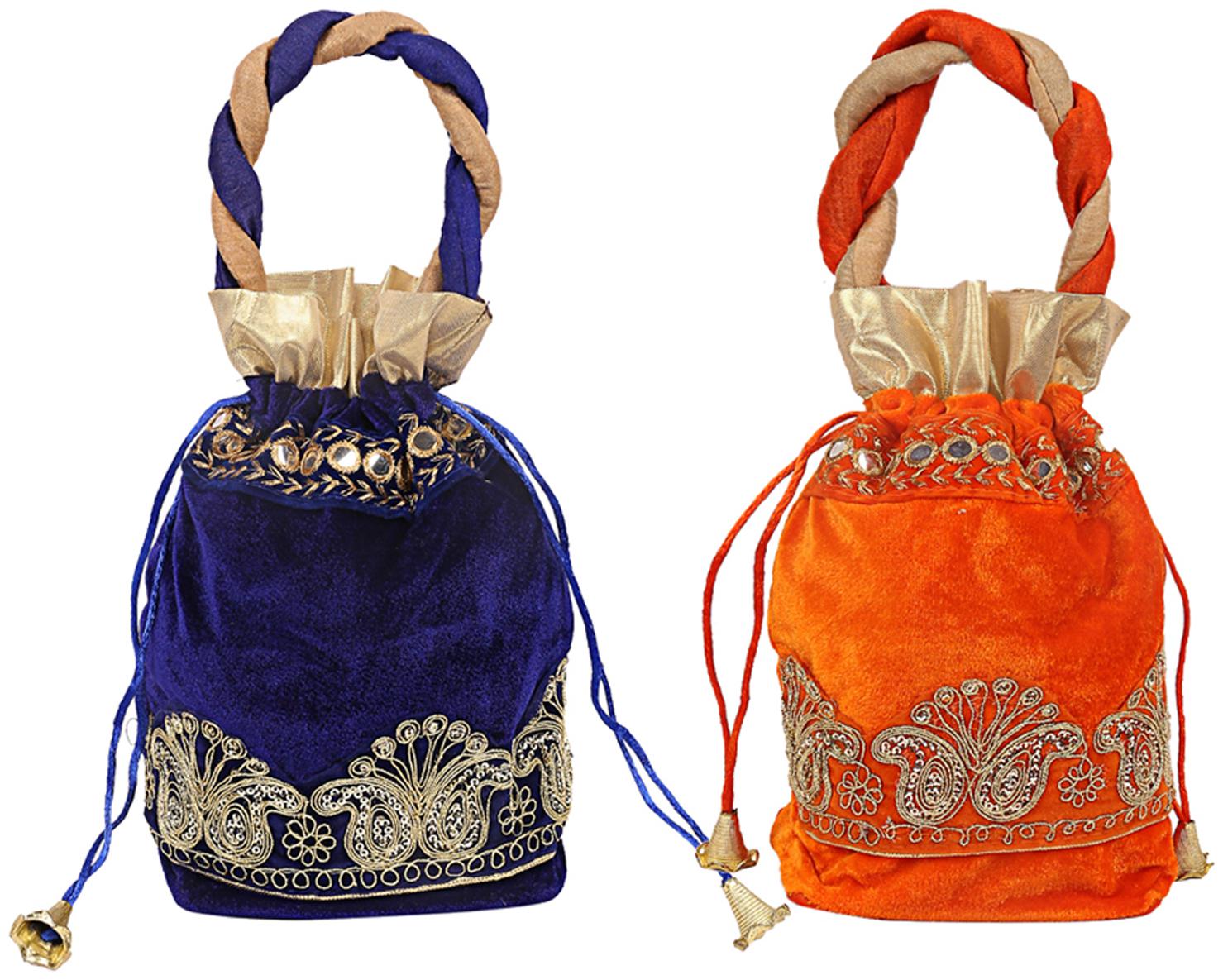 

Kuber Industries Velvet 2 pcs Women Potli Bag (Blue Orange) - CTHH10873