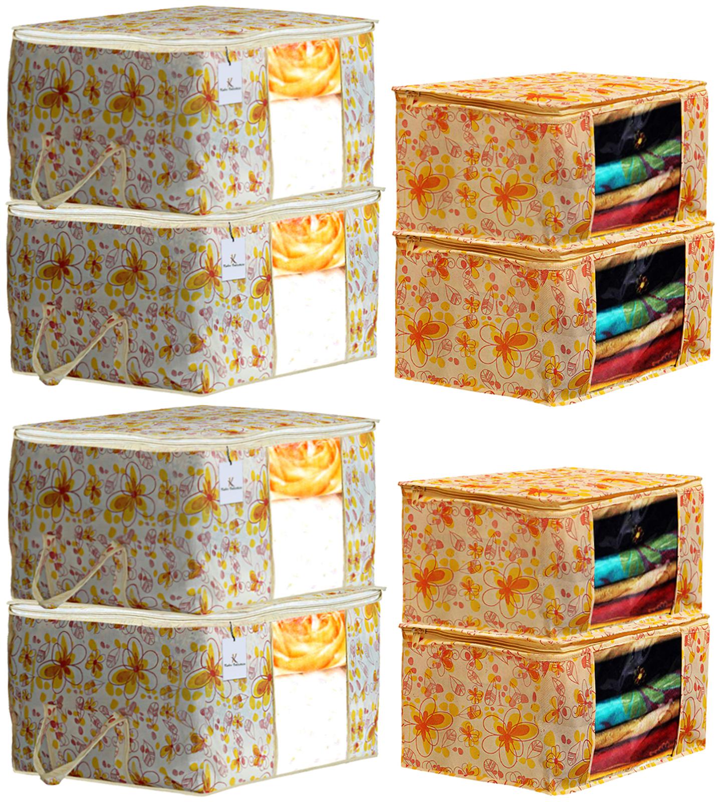 

Kuber Industries Flower Printed Non Woven 4 pcs Saree Cover And 4 pcs Underbed Storage Bag Cloth Organizer For Storage Blanket Cover Combo Set (Ivory Red) - CTHH18020