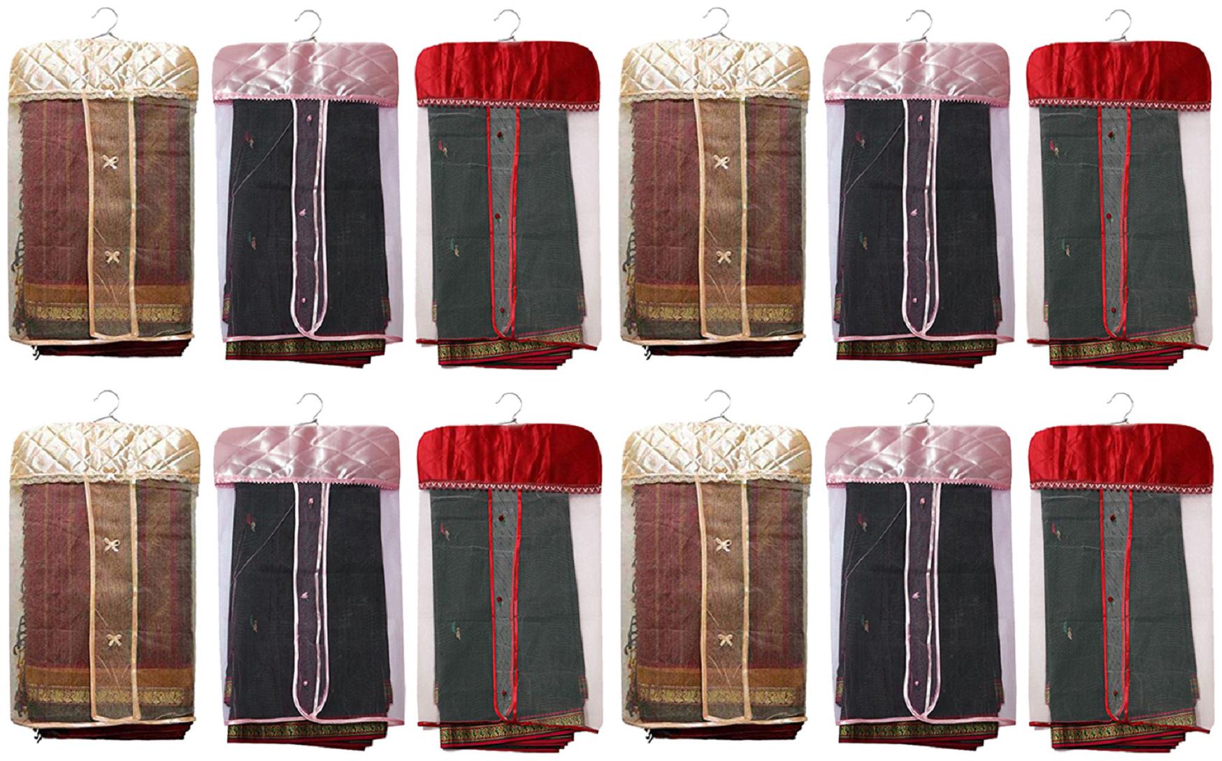 

Kuber Industries Satin 12 Pieces Hanging Saree Cover Set (Pink Maroon Peach)- CTHH20116