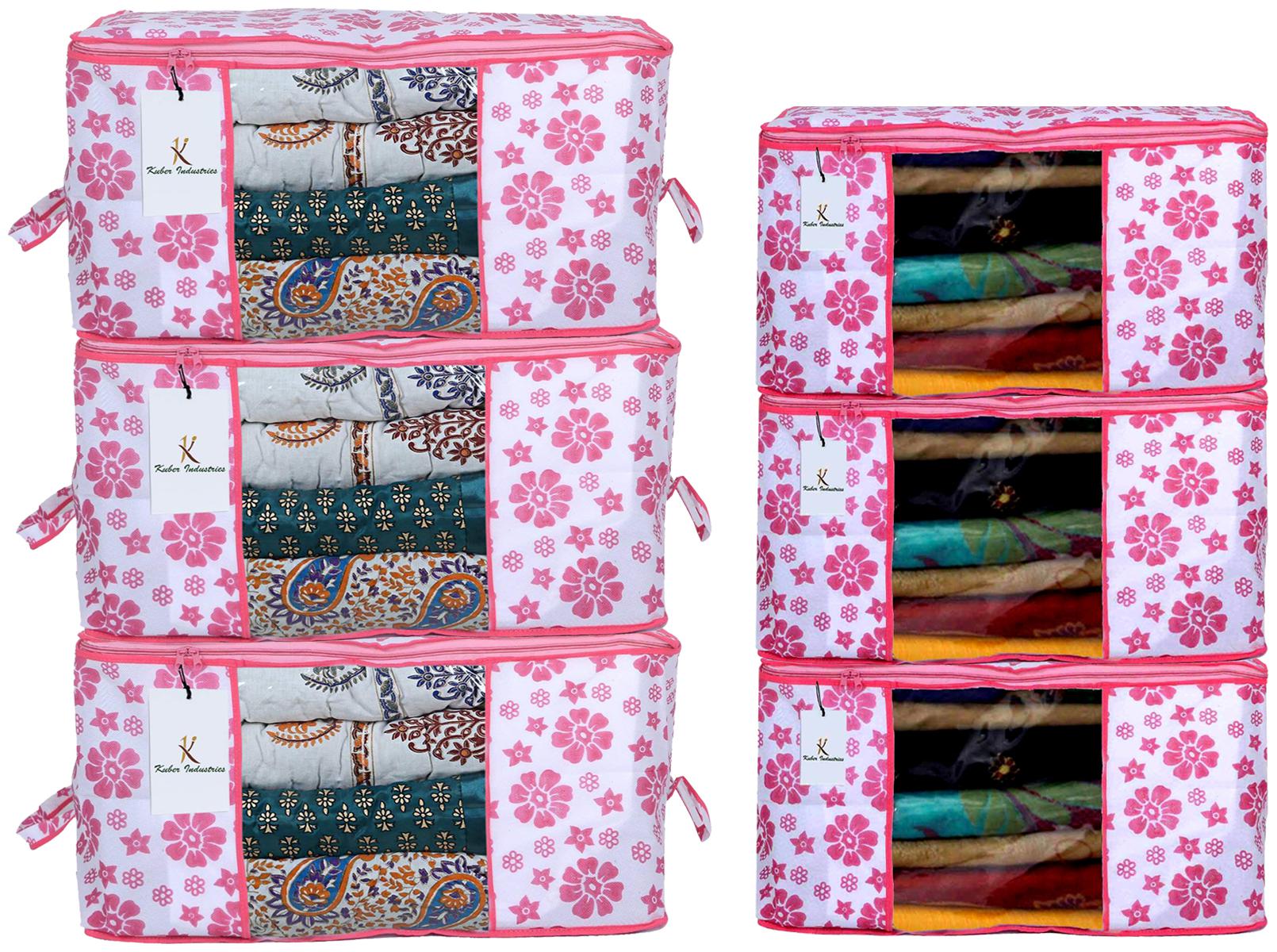 

Kuber Industries Flower Printed Non Woven 3 pcs Saree Cover And 3 pcs Underbed Storage Bag Cloth Organizer For Storage Blanket Cover Combo Set (Pink) - CTHH17994