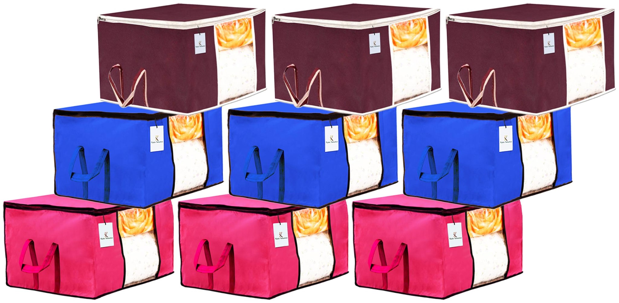 

Kuber Industries 9 pc Non Woven Underbed Storage Bag Storage Organiser Blanket Cover with Transparent Window Extra Large Maroon Pink Royal Blue CTHH15664