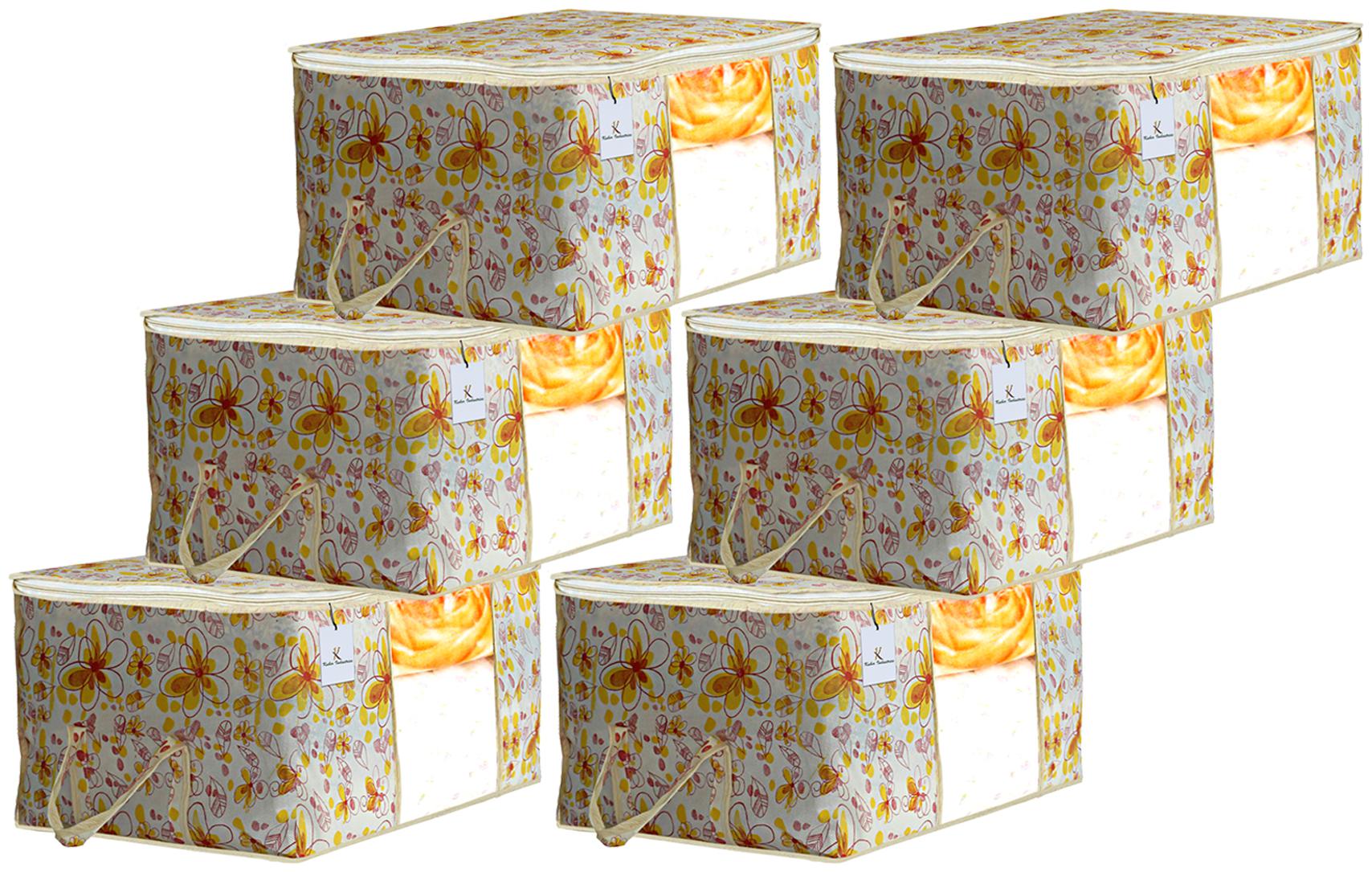 

Kuber Industries Flower Design 6 pc Non Woven Underbed Storage Bag Storage Organiser Blanket Cover with Transparent Window Extra Large Ivory Red CTHH15604