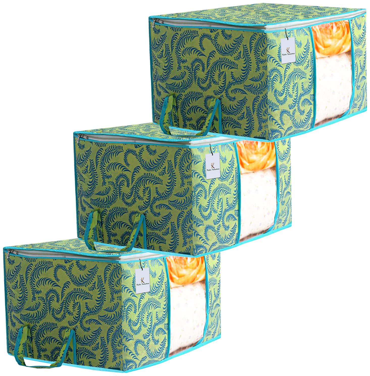 

Kuber Industries Metalic Printed 3 pc Non Woven Underbed Storage Bag Storage Organiser Blanket Cover with Transparent Window Extra Large Green CTHH15573