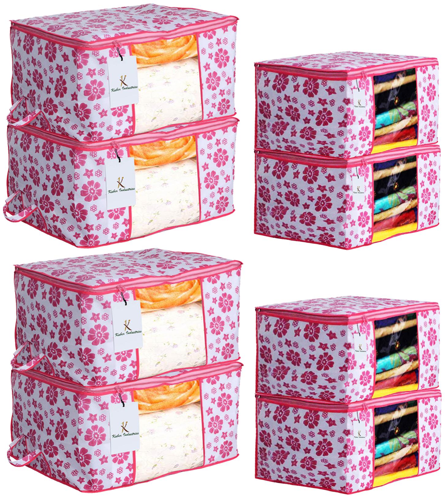 

Kuber Industries Flower Printed Non Woven 4 pcs Saree Cover And 4 pcs Underbed Storage Bag Cloth Organizer For Storage Blanket Cover Combo Set (Pink) - CTHH17996