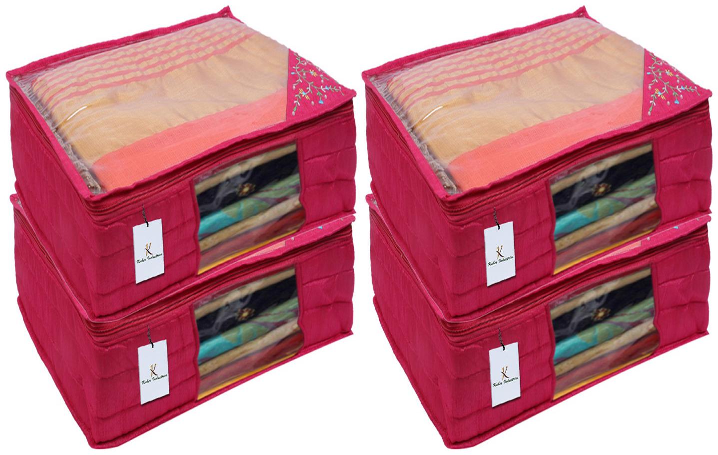 

Kuber Industries 3 layered Quilted Silk 4 Pieces Saree Cover (Pink) - CTHH21516