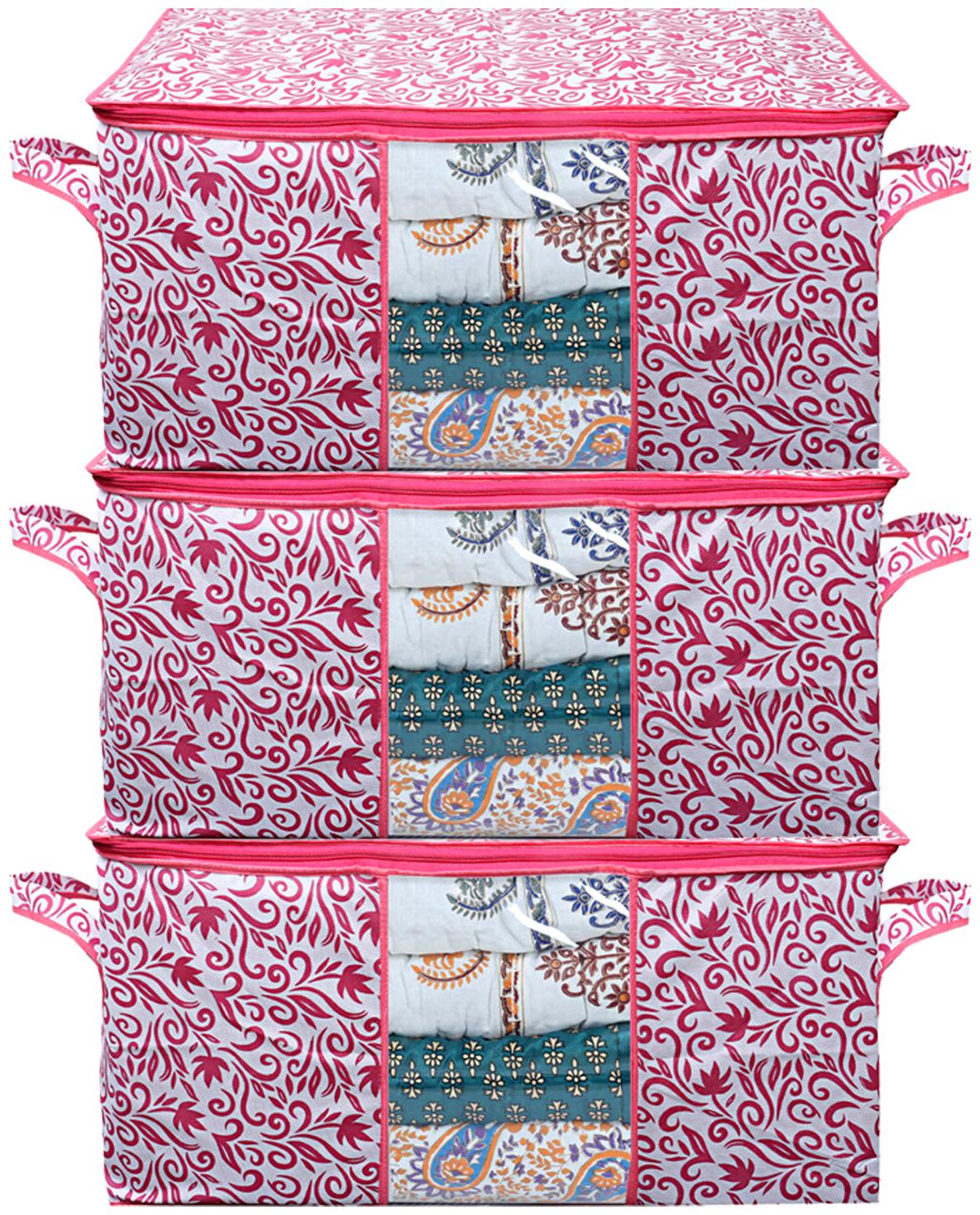 

Kuber Industries Leaf Design Non Woven 3 Pieces Underbed Storage Bag Storage Organiser Blanket Cover (Pink)- CTHH12779