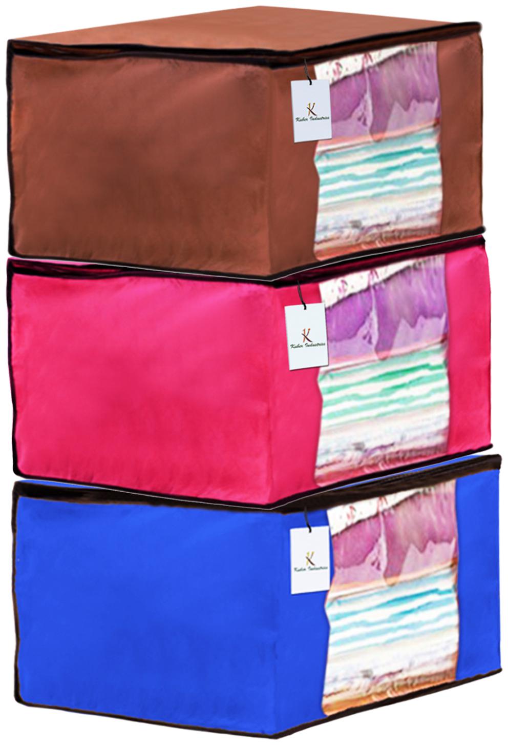 

Kuber Industries 3 Piece Non Woven Fabric Saree Cover Set with Transparent Window Extra Large Pink Royal Blue Dark Brown CTHH14135