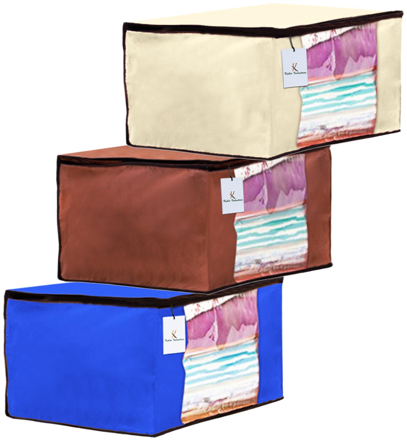 

Kuber Industries 3 Piece Non Woven Fabric Saree Cover Set with Transparent Window Extra Large Ivory Royal Blue Dark Brown CTHH14091