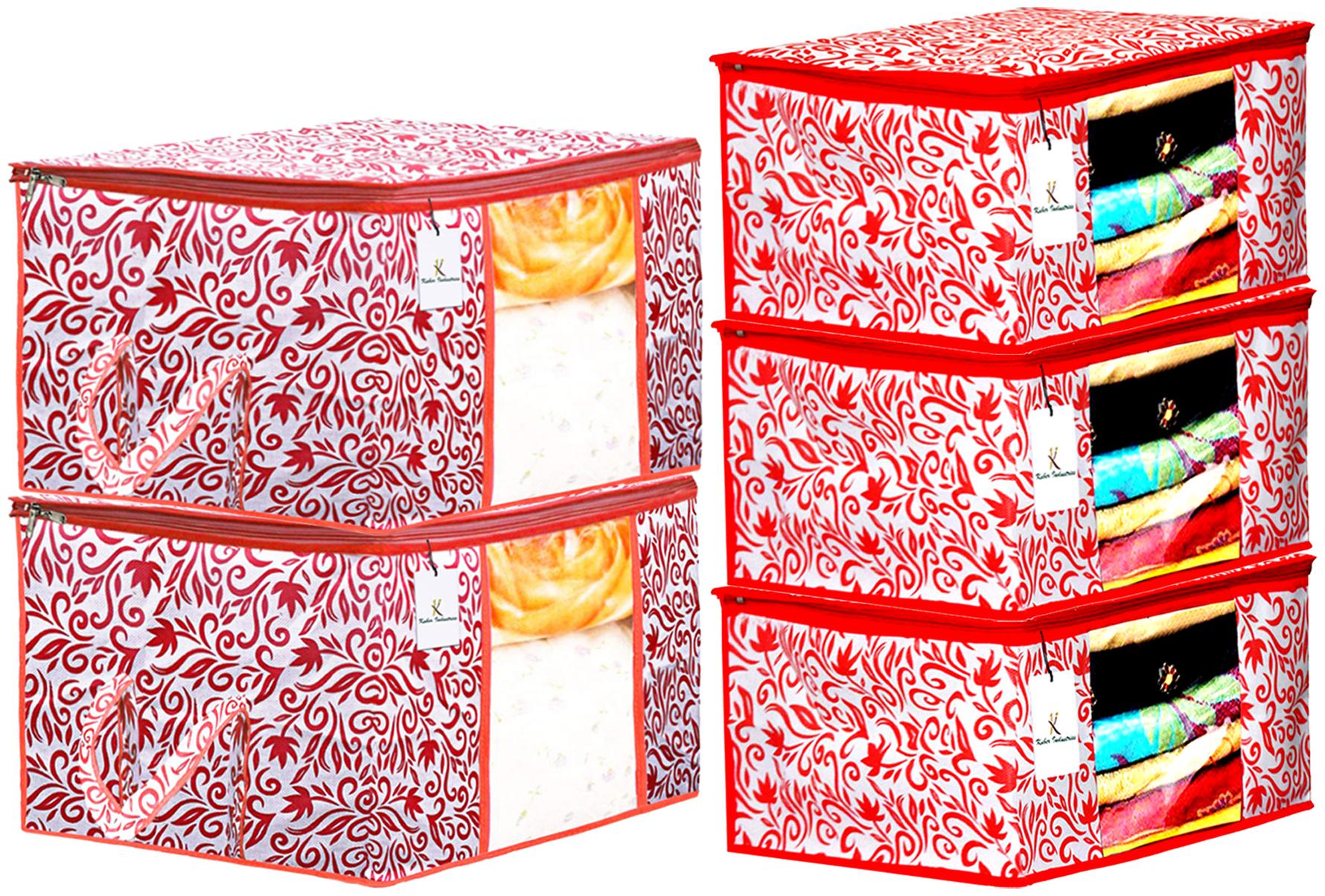 

Kuber Industries Leaf Design Non Woven 3 pcs Saree Cover And 2 pcs Underbed Storage Bag Cloth Organizer For Storage Blanket Cover Combo Set (Red) - CTHH18052