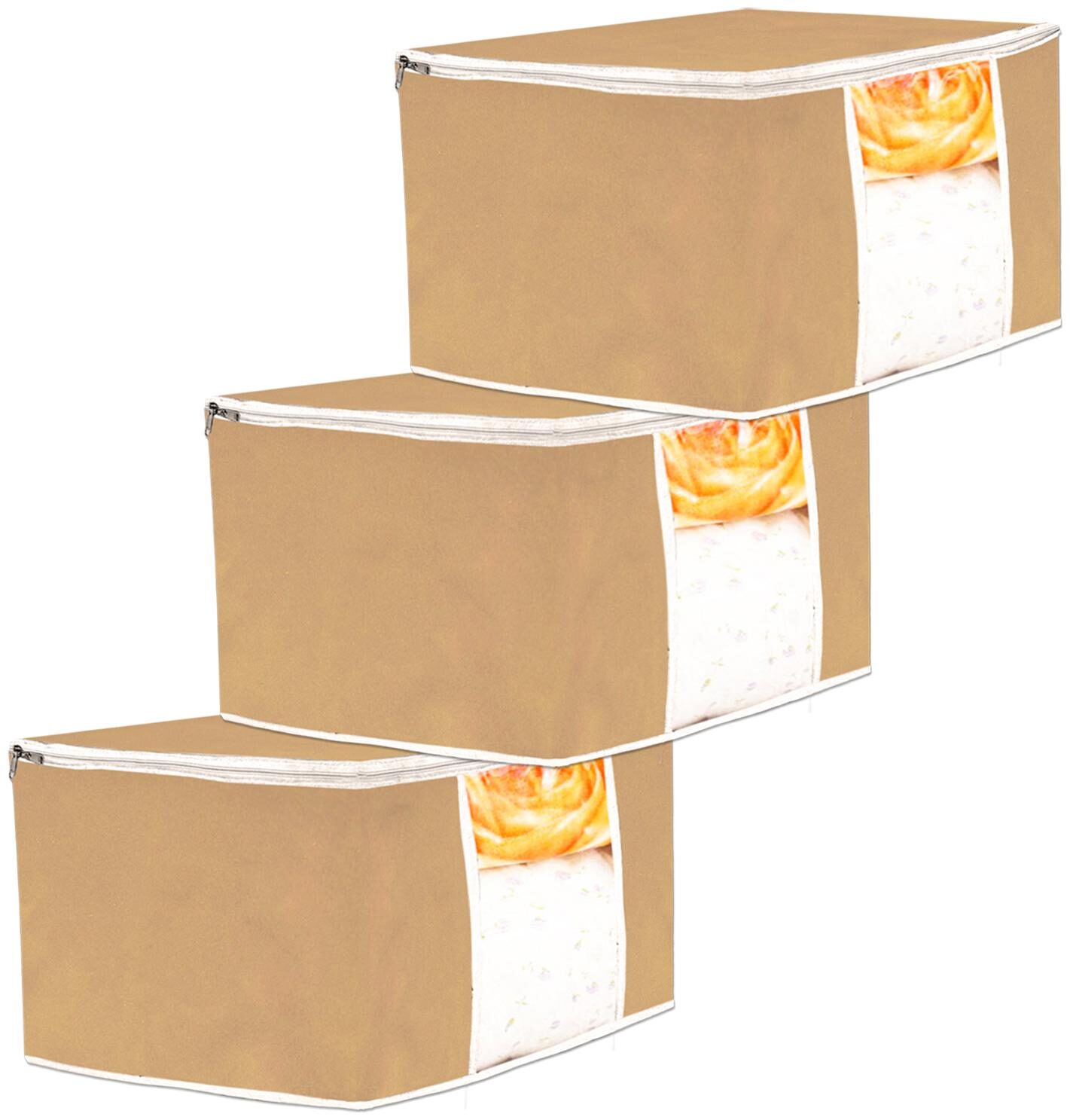 

Kuber Industries 3 pc Non Woven Underbed Storage Bag Storage Organiser Blanket Cover with Transparent Window Extra Large Brown CTHH15955