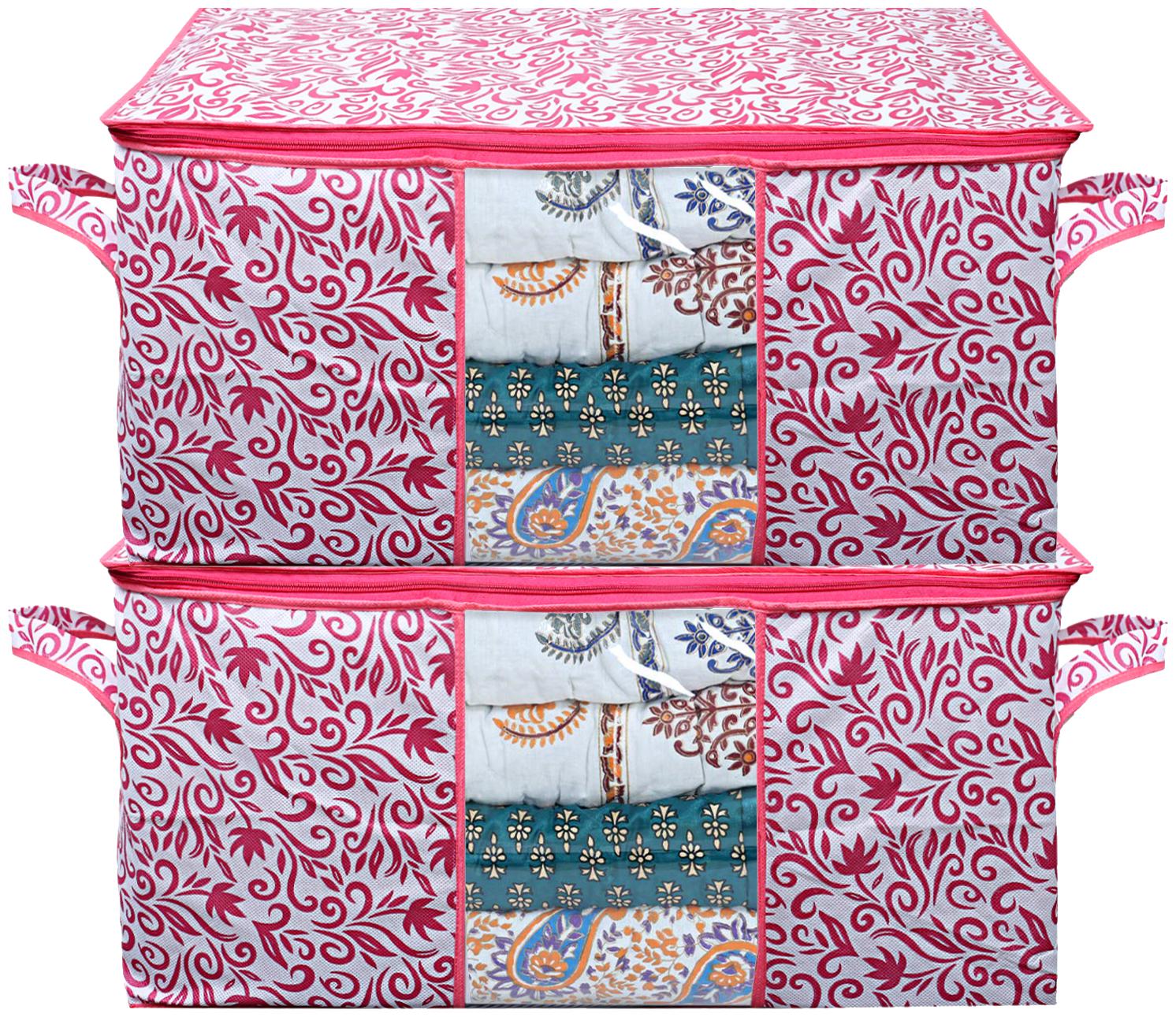 

Kuber Industries Leaf Design Non Woven 2 Pieces Underbed Storage Bag Storage Organiser Blanket Cover (Pink)- CTHH22187