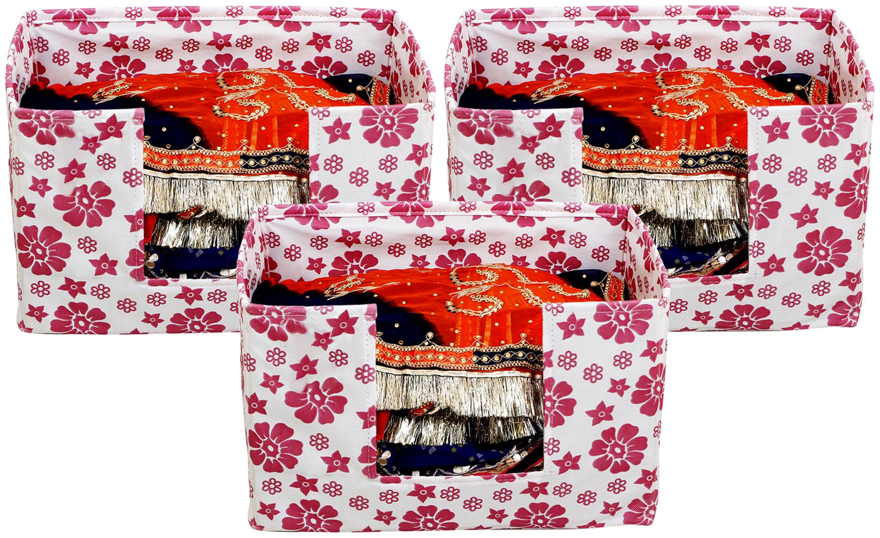 

Kuber Industries Flower Design 3 pcs Large Capacity Space Saver Closet Stackable and Foldable Saree Clothes Storage Bag Non-Woven Rectangle Cloth Saree Stacker Wardrobe Organizer (Pink) CTHH15670