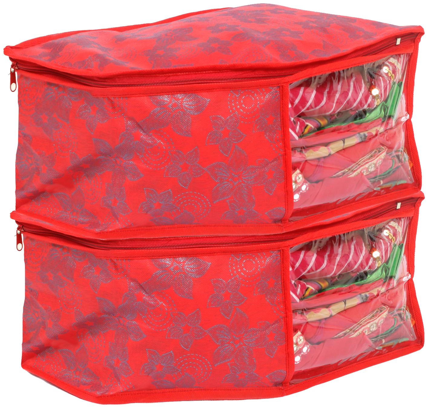 

Kuber Industries Metallic Flower 2 Piece Non Woven Blouse Cover Set (Red) - CTHH13740