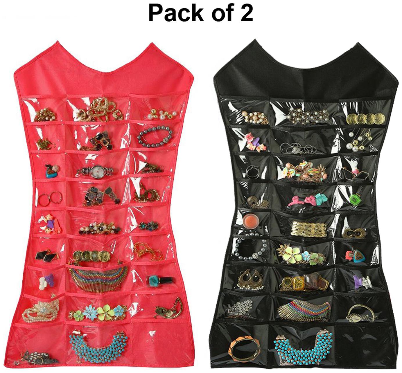 

Kuber IndustriesFabric 2 pcs Double Sided Dress Style Hanging Organizer for Jewellery and Makeup Accessories Organizer for Necklaces Chains Earrings Watch Pendants Cosmetics (Black Pink) CTHH15883