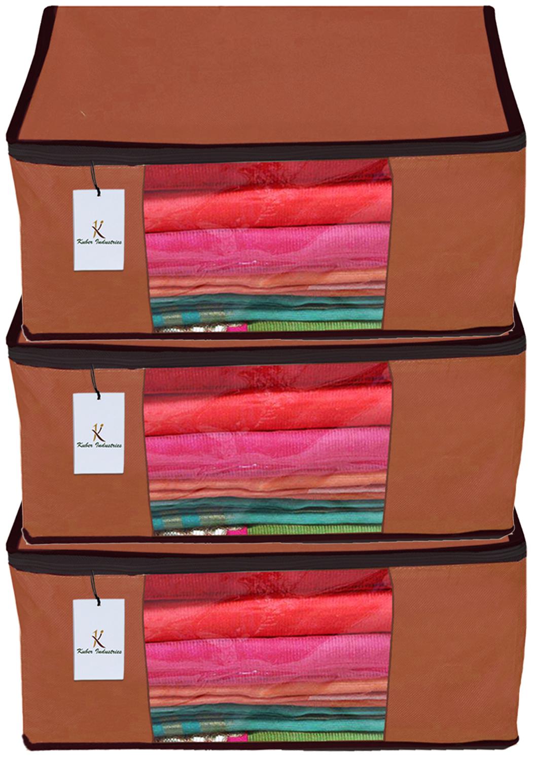 

Kuber Industries 3 Piece Non Woven Fabric Saree Cover Set with Transparent Window Extra Large Dark Brown CTHH14159
