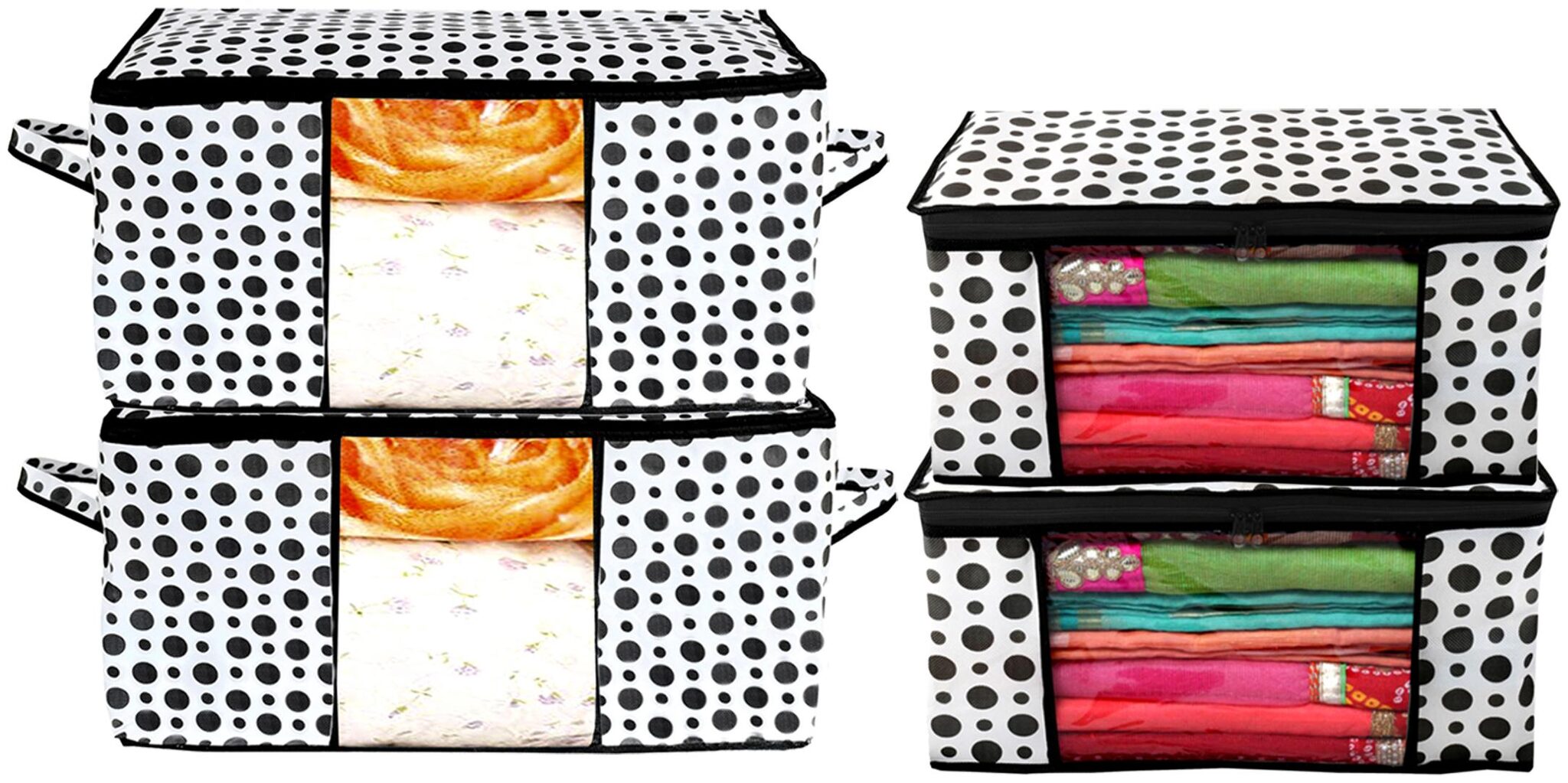

Kuber Industries Polka Dots Design 2 pc Non Woven Saree Cover And 2 pcs Underbed Storage Bag Storage Organiser Blanket Cover (Black White) - CTHH17501