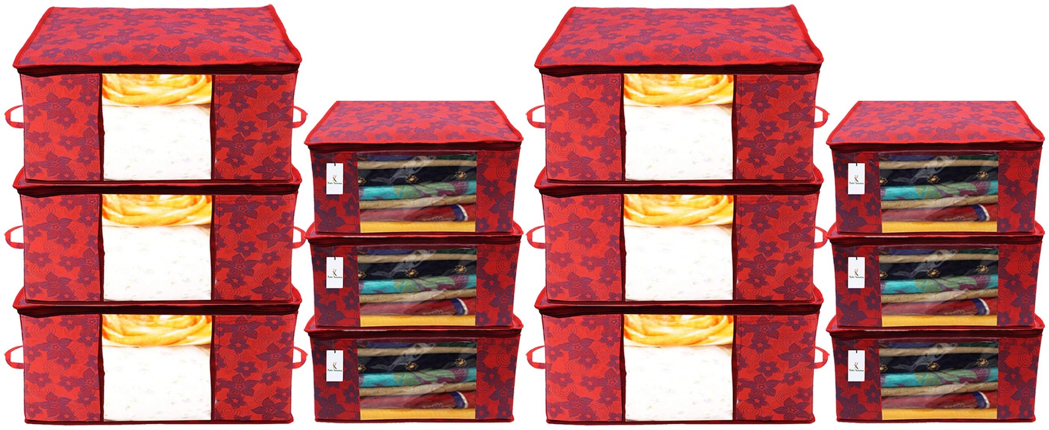 

Kuber Industries Metallic Printed Non Woven 6 pcs Saree Cover And 6 pcs Underbed Storage Bag Cloth Organizer For Storage Blanket Cover Combo Set (Red) - CTHH17940
