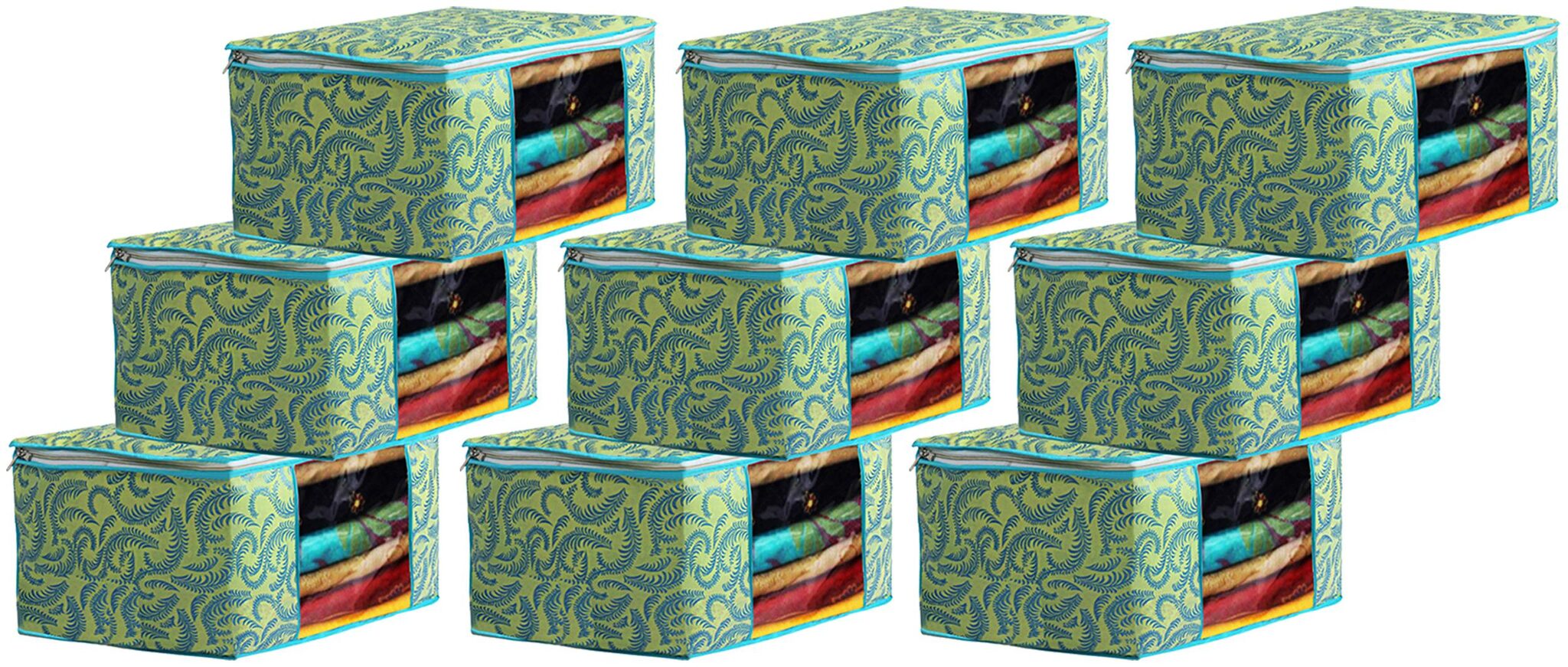 

Kuber Industries Metalic Printed 9 pc Non Woven Fabric Saree Cover Set with Transparent Window Extra Large Green- CTHH16117
