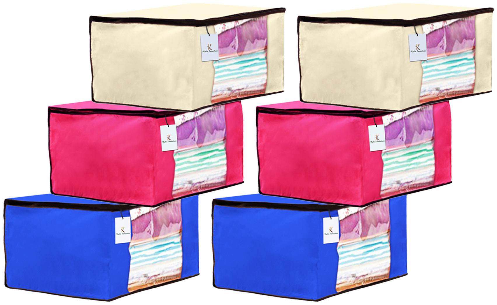 

Kuber Industries 6 Piece Non Woven Fabric Saree Cover Set with Transparent Window Extra Large Ivory Royal Blue Pink CTHH14097