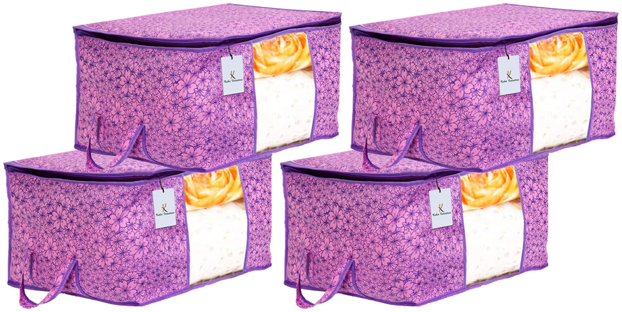 

Kuber Industries Metalic Flower Design Non Woven 4 pcs Underbed Storage Bag Storage Organiser Blanket Cover (Pink Purple) - CTHH16282