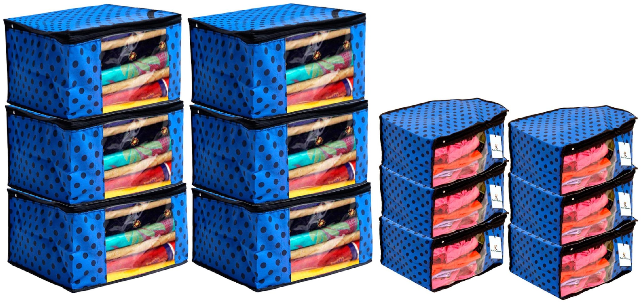 

Kuber Industries Polka Dots Design Non Woven 6 pc Saree Cover Cloth Wardrobe Organizer And 6 pcs Blouse Cover Combo Set (Blue) - CTHH17814