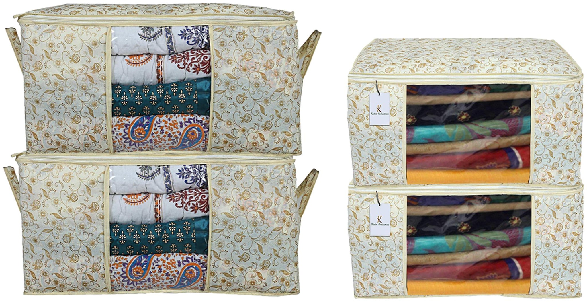

Kuber Industries Metallic Printed Non Woven 2 pcs Saree Cover And 2 pcs Underbed Storage Bag Cloth Organizer For Storage Blanket Cover Combo Set (Brown) - CTHH17917