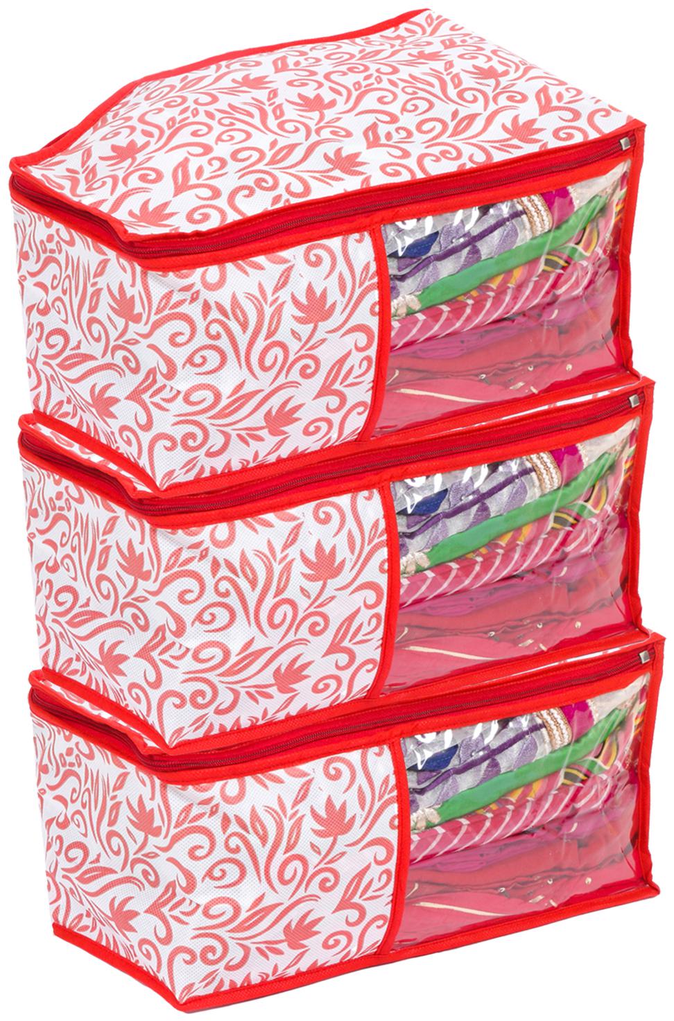 

Kuber Industries Floral Design 3 Pieces Non Woven Blouse Cover Set (Red White) - CTHH13752