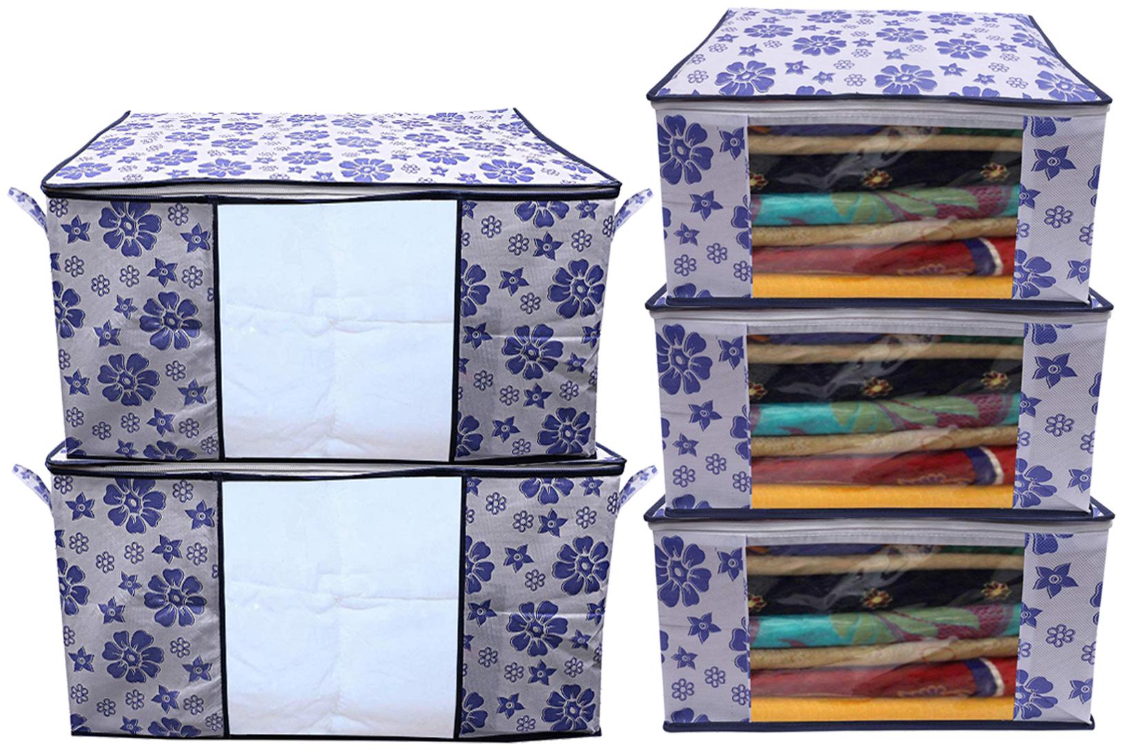 

Kuber Industries Flower Printed Non Woven 3 pcs Saree Cover And 2 pcs Underbed Storage Bag Cloth Organizer For Storage Blanket Cover Combo Set (Royal Blue) - CTHH18004