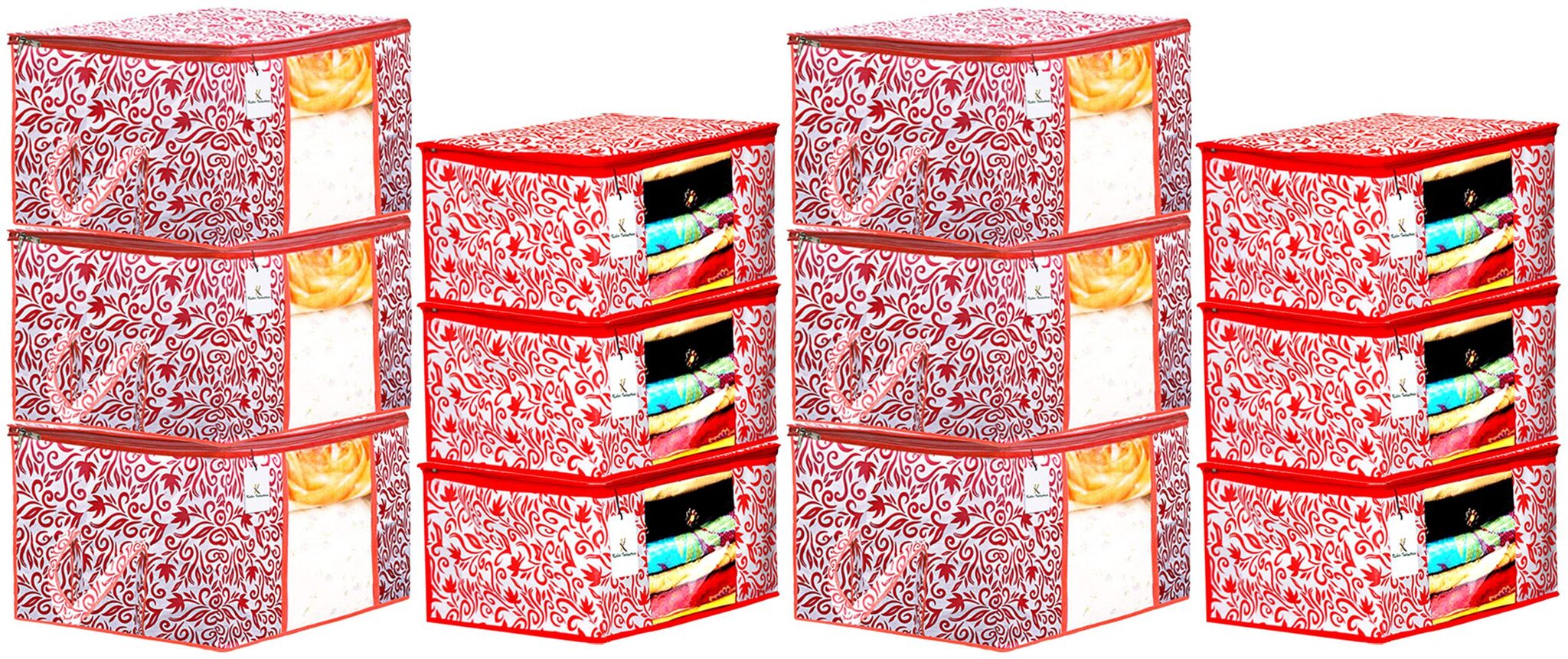 

Kuber Industries Leaf Design Non Woven 6 pcs Saree Cover And 6 pcs Underbed Storage Bag Cloth Organizer For Storage Blanket Cover Combo Set (Red) - CTHH18060