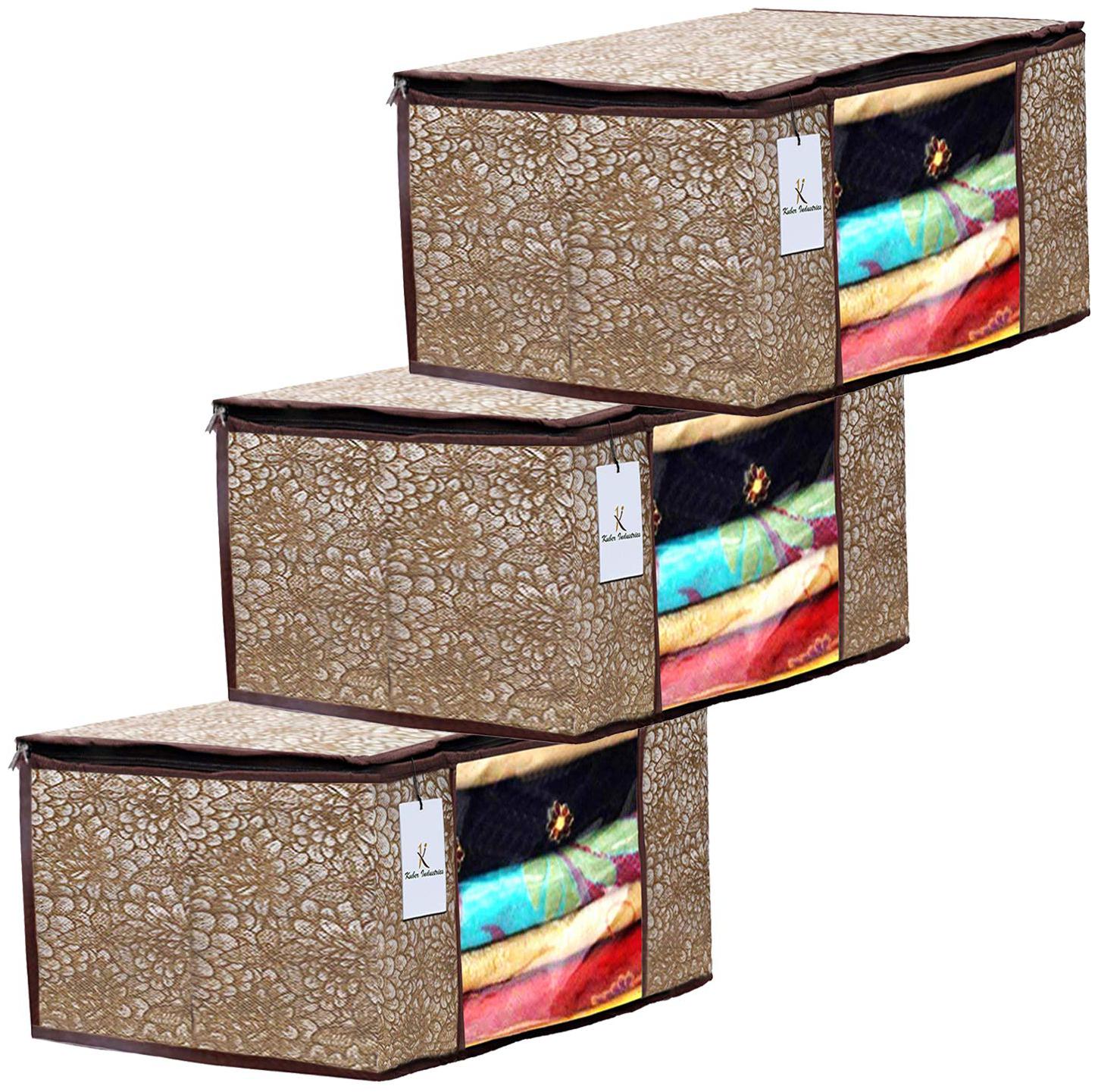 

Kuber Industries Metalic Printed 3 pc Non Woven Fabric Saree Cover Set with Transparent Window Extra Large Golden Brown- CTHH16167