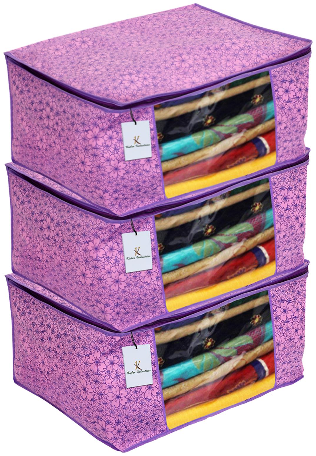 

Kuber Industries Metalic Flower Design 3 pc Non Woven Saree Cover Large(Pink Purple) - CTHH16273